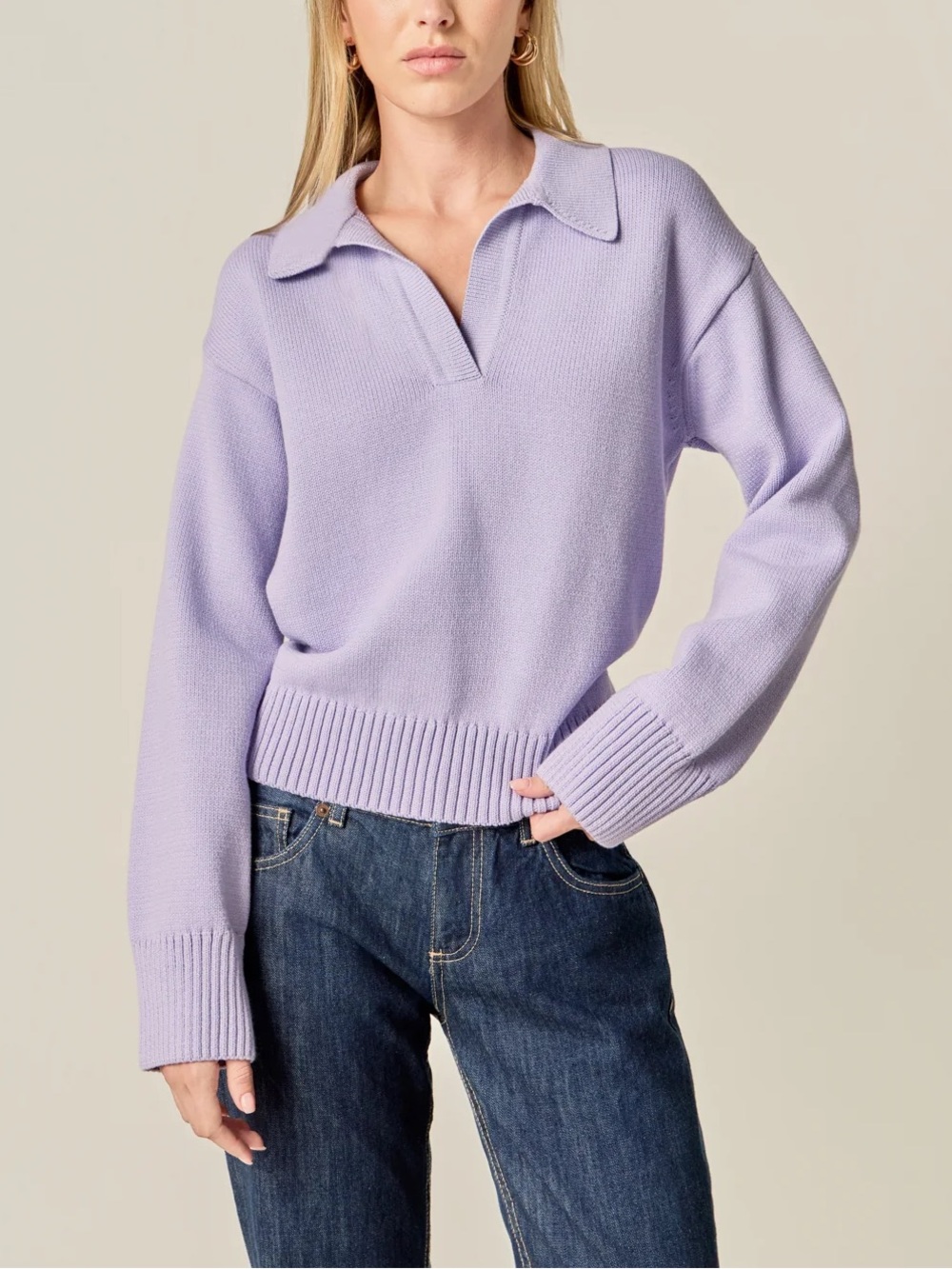 AMANDA MARIA Fine Knit Split V-Neck Polo Pullover Sweater in Lilac Sz M